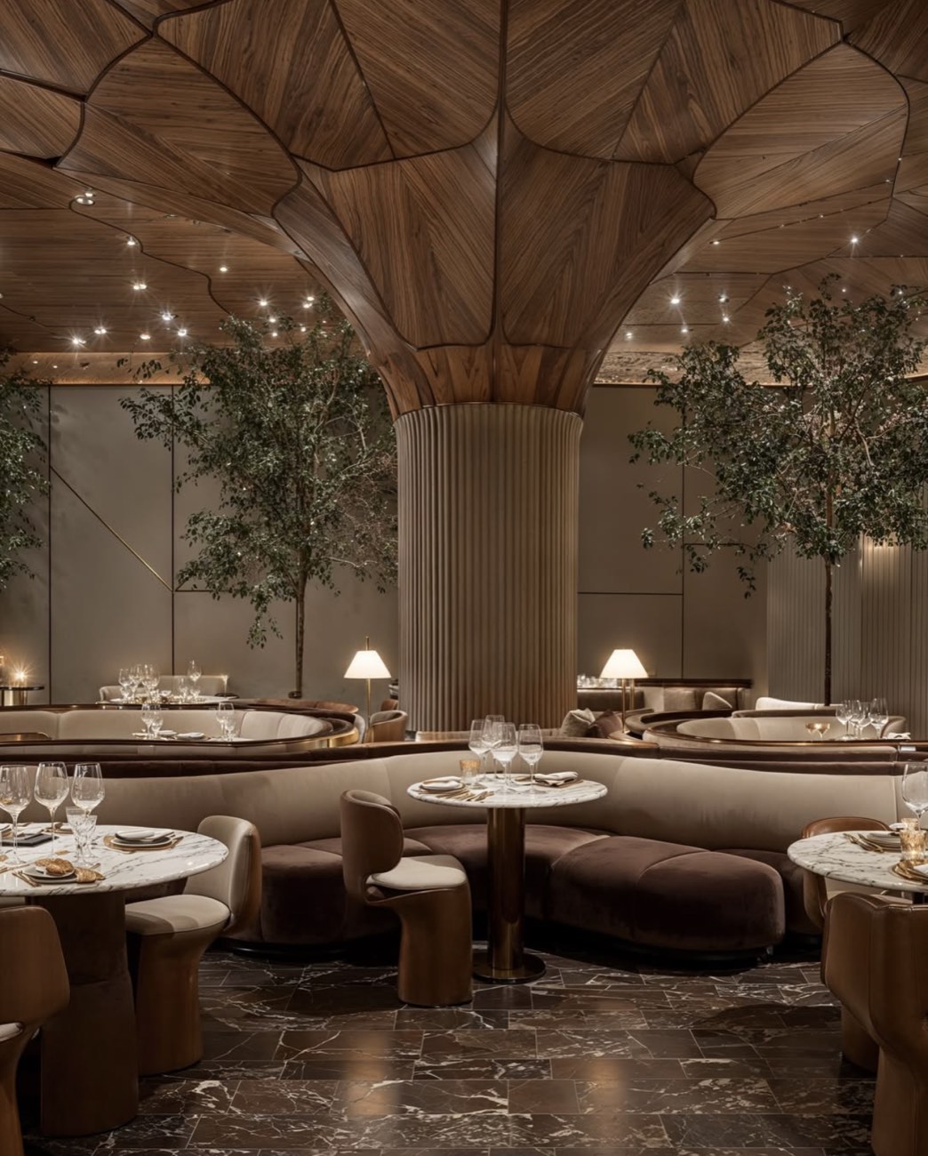 Canopy — live trees standing between the tables