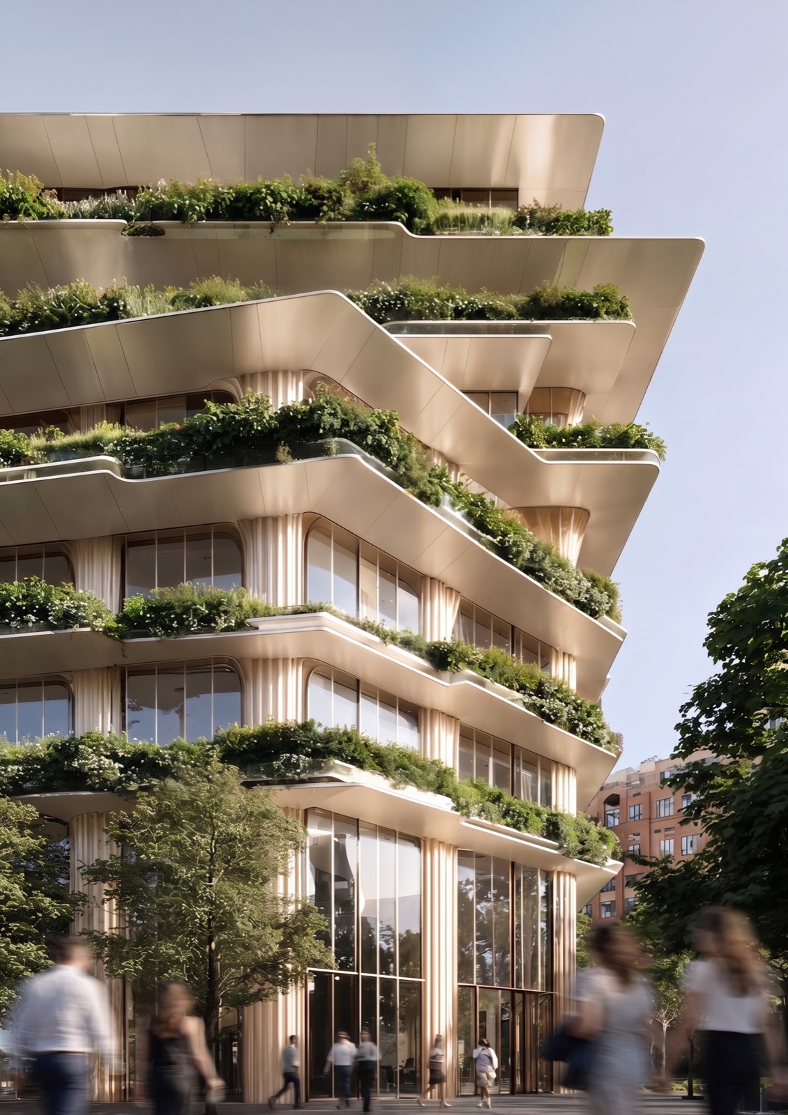 Terraces — an office building stepping back floor by floor, each level carrying a garden