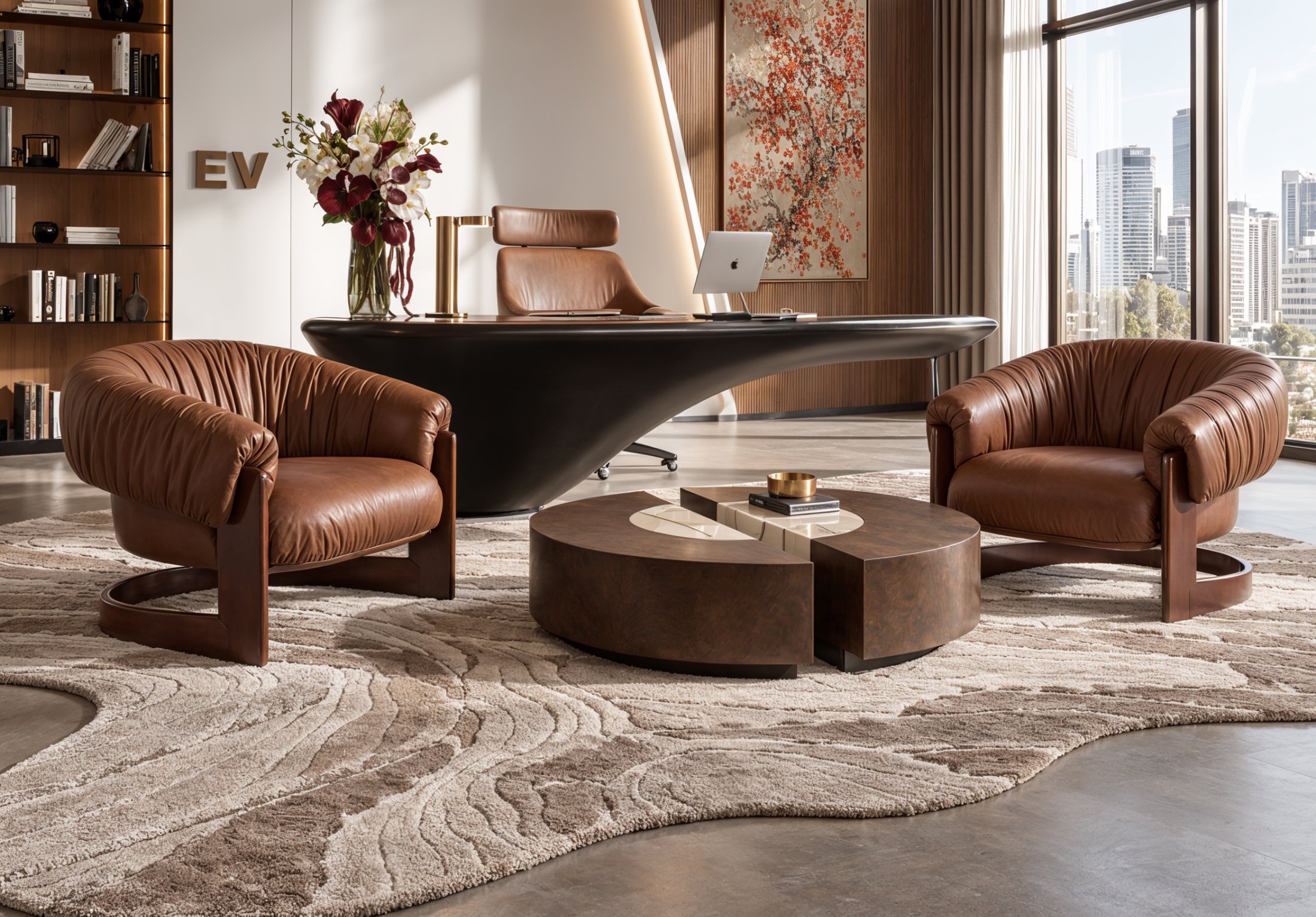 Terraces — the executive floor: two leather armchairs and a sculpted desk on a carved wool rug