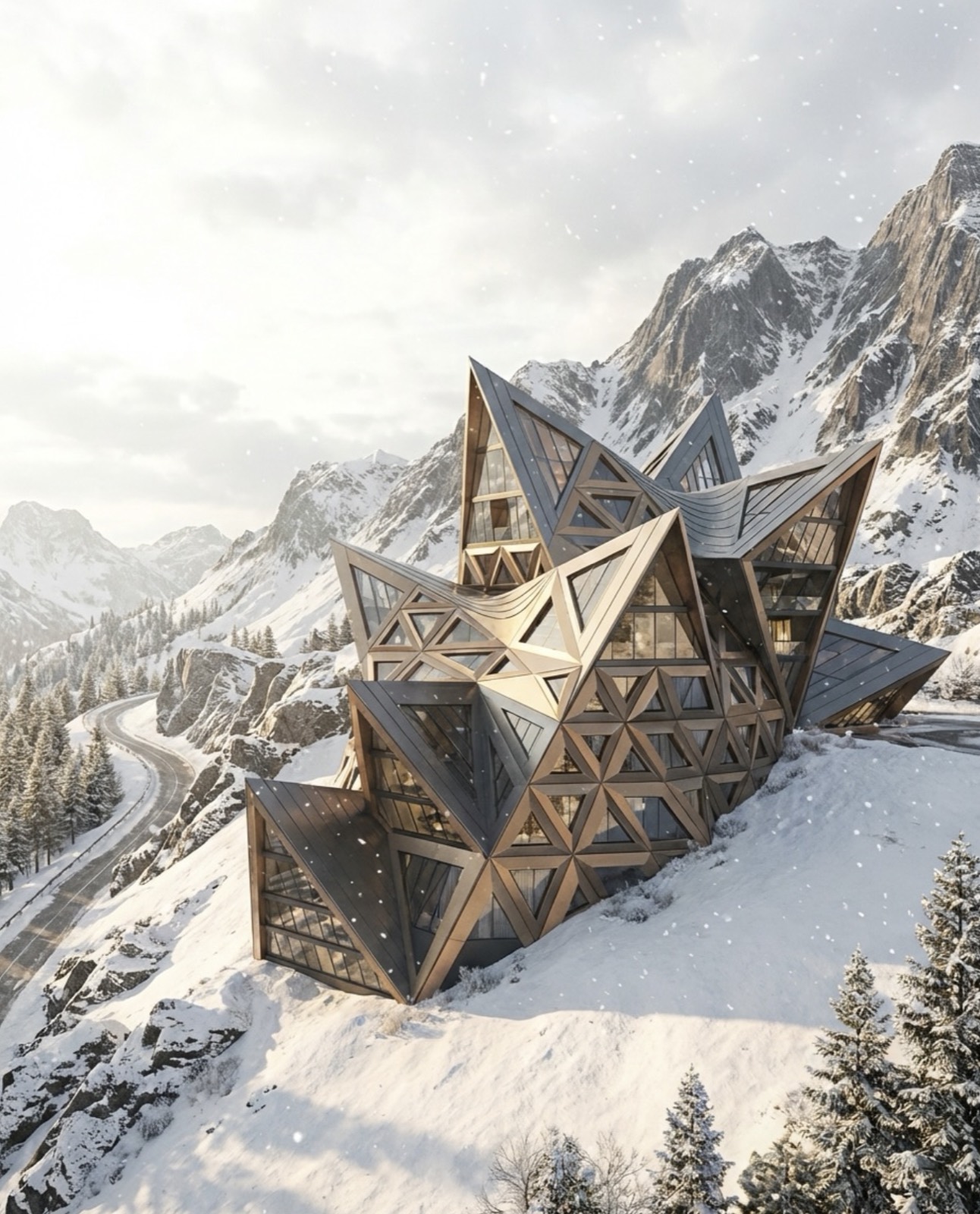 Glacier — hotel folded from triangles of bronze and glass