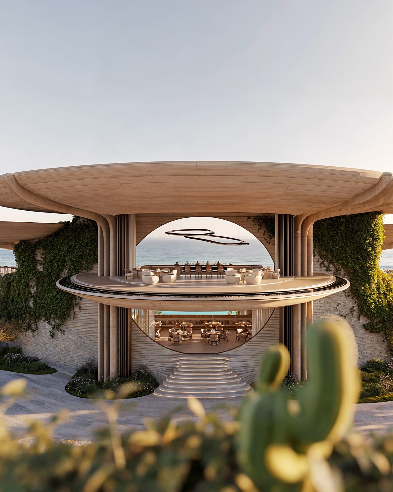 Tulia — a carved stone canopy opening toward the sea