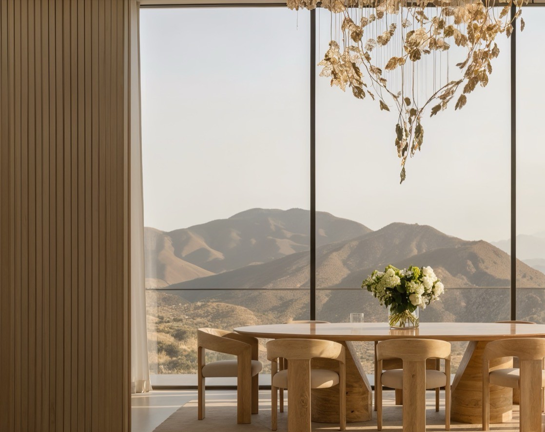 Lotus — a round oak table set against fluted timber and a wall of glass onto the hills