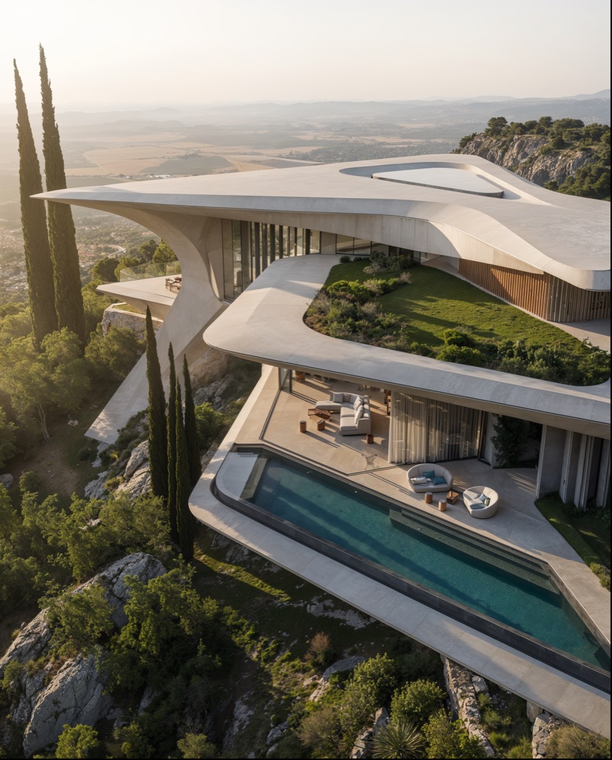 Hillside villa with cantilevered wings and pool