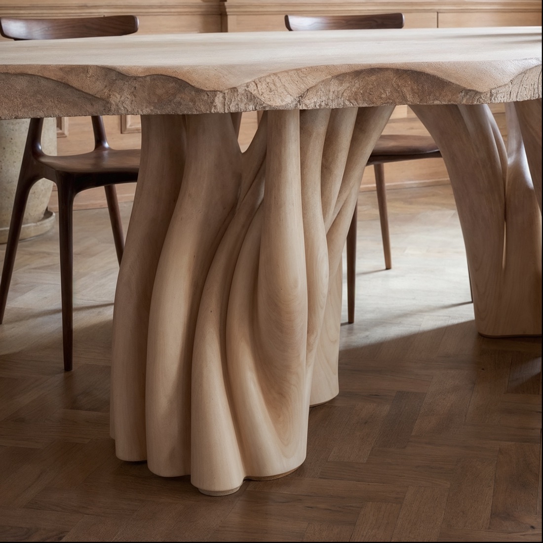 Carved timber table base with organic folds