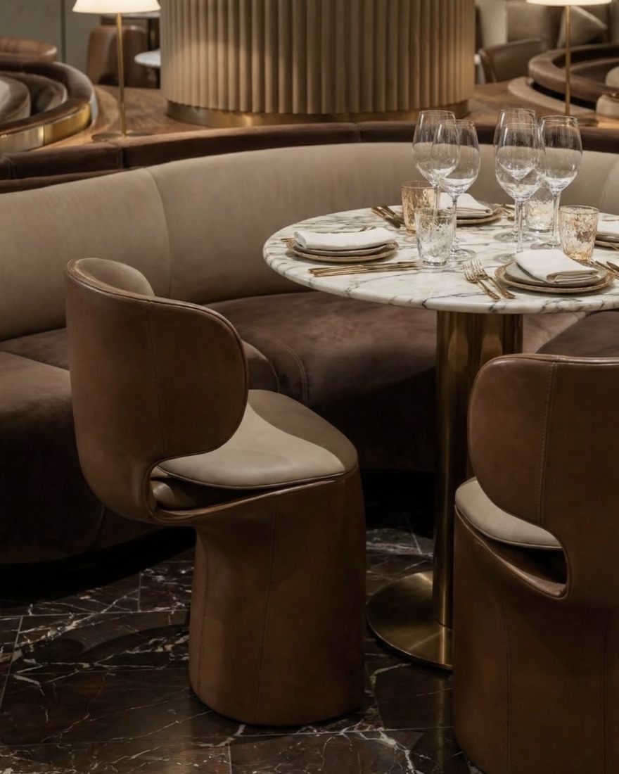 Restaurant interior with curved velvet booths and marble table