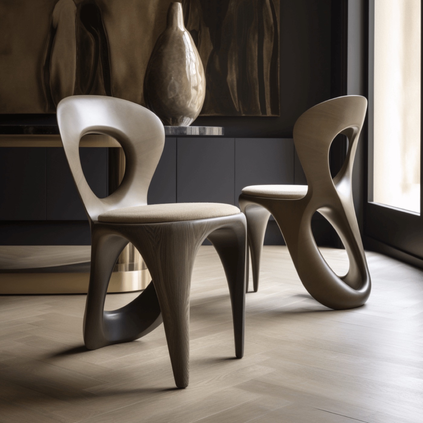Two sculpted chairs in pale carved timber